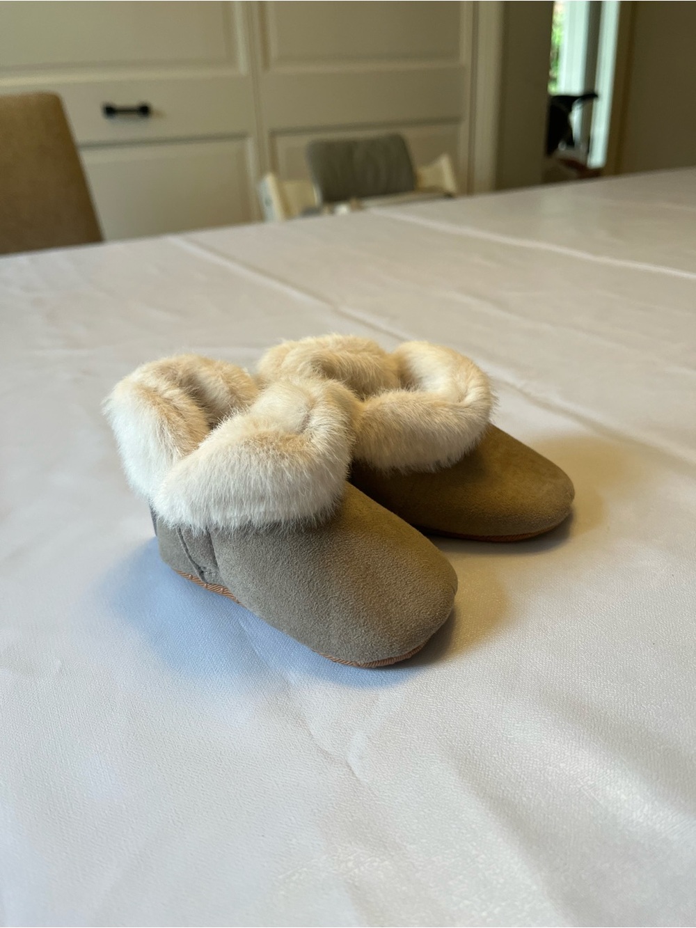 Old Navy Tan Moccasin Baby Slippers with Cream Fur Cuff